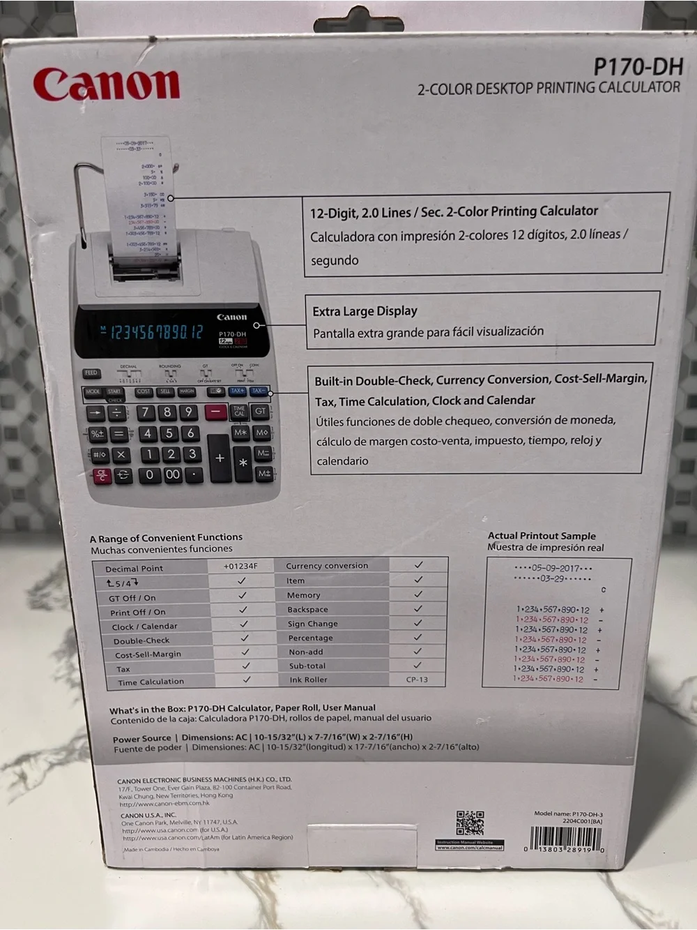 Canon Printing Calculator P170-DH 12 Digits 2 Color Desktop Calendar Clock